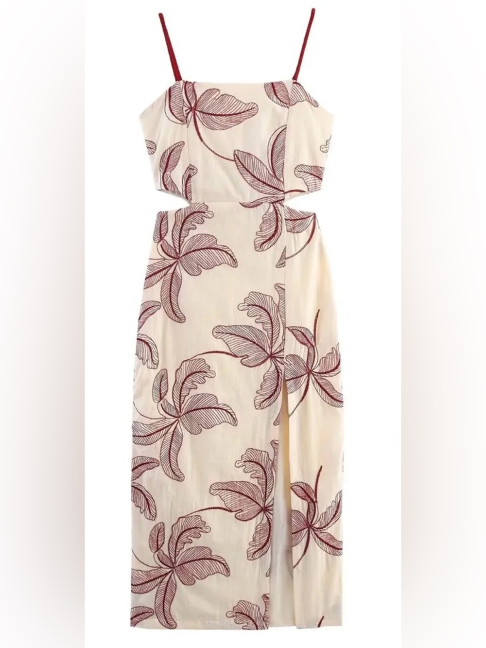 NWT Zara Cut Out Embroidered Leaves Cut Put Tassel Trim High Slit Midi Dress L